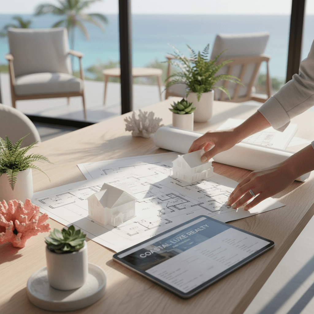 Real estate agent's hands arranging property models and blueprints on sunlit desk with ocean views visible through office windows