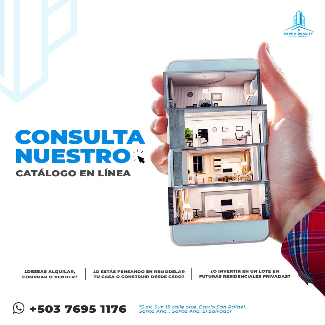 Mano sosteniendo un teléfono móvil que muestra una casa 3D para un catálogo inmobiliario digital.