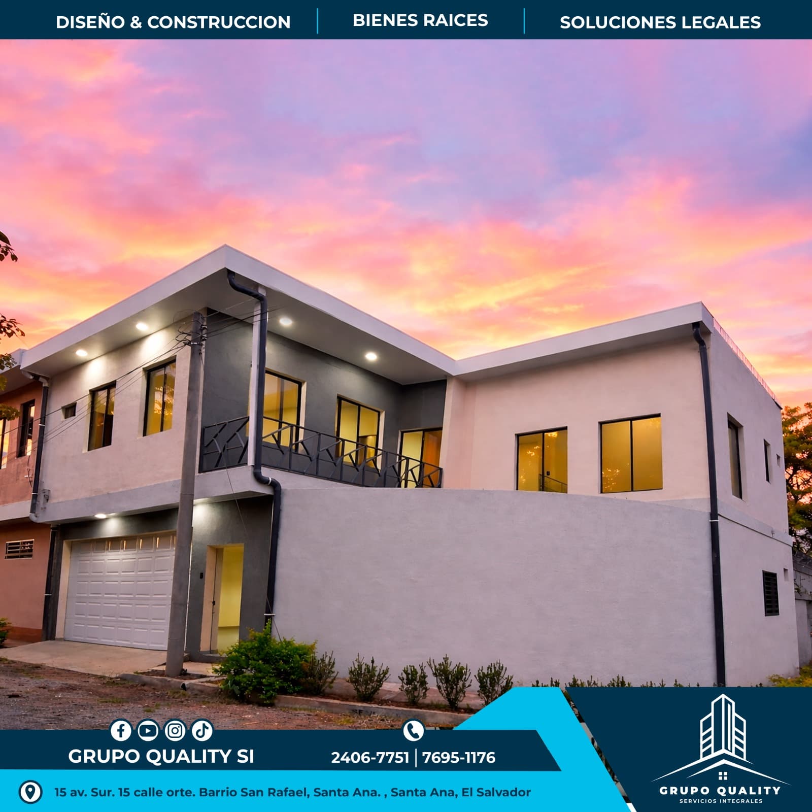 Casa moderna de dos niveles bajo un atardecer vibrante con información de servicios inmobiliarios.