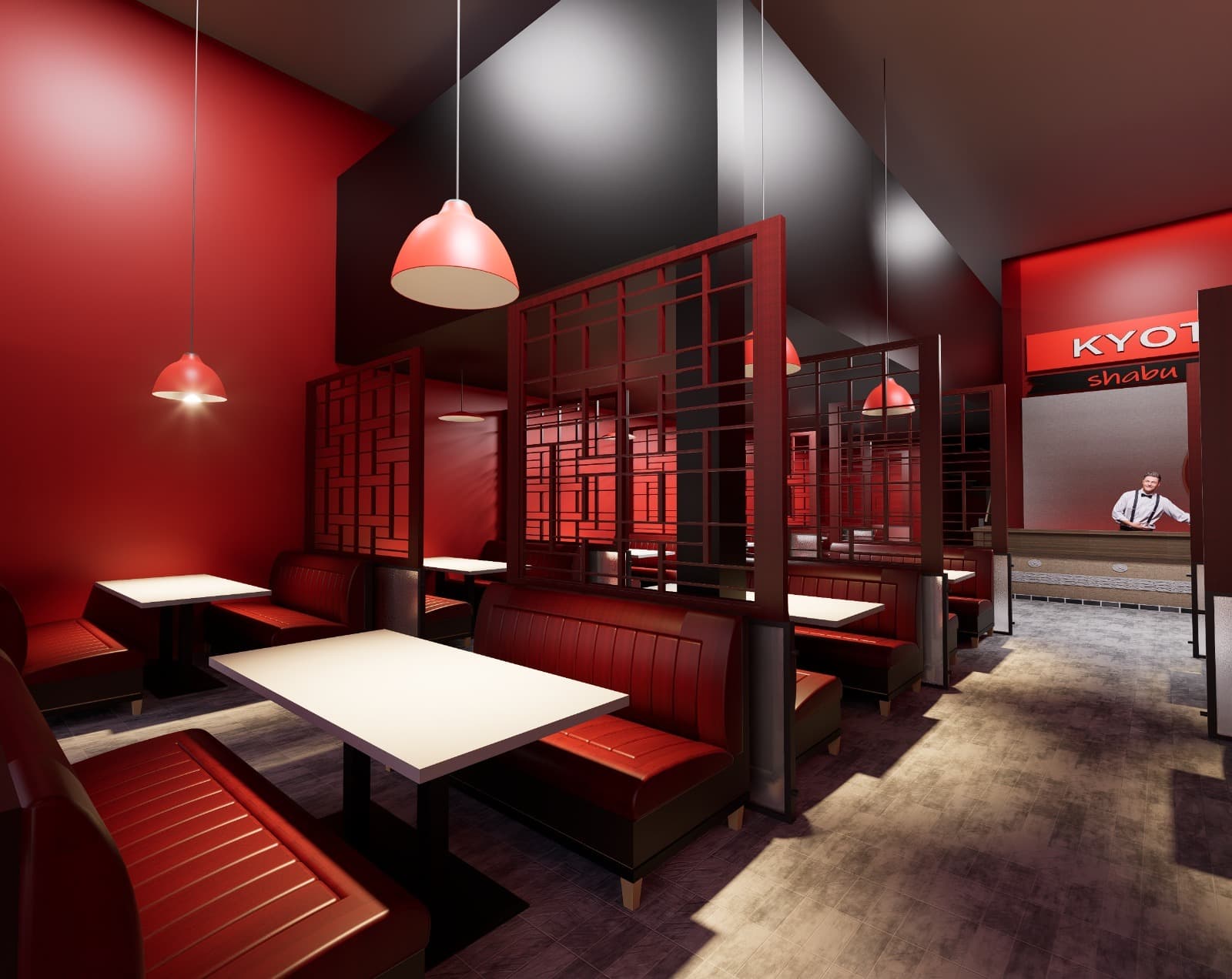 Restaurante japonés con cabinas rojas, mesas blancas y divisores de madera bajo luces colgantes.