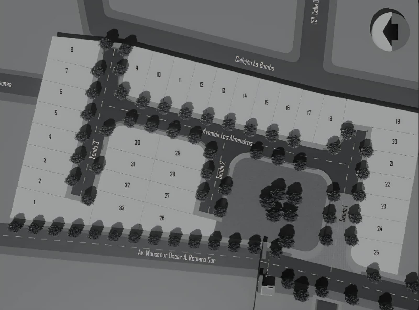 Plano en escala de grises de un desarrollo residencial con lotes numerados y calles arboladas.