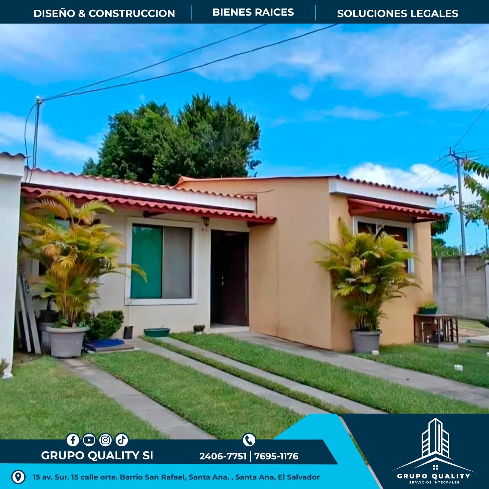 Casa pequeña color melocotón con jardín y palmeras, anuncio inmobiliario de Grupo Quality SI.